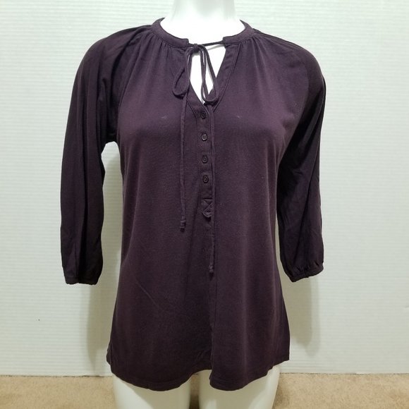 GAP top Small tie neck keyhole henley 3/4 sleeve solid color - Picture 1 of 11